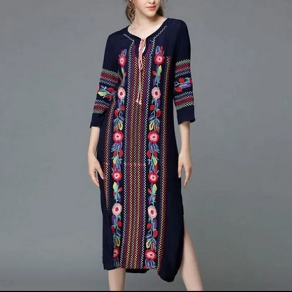Embroidered midi tie neck dress one size - Picture 8 of 12
